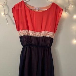 Emerald Sundae drop sleeve dress | Navy, Coral and cream lace | Size Medium